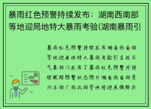 暴雨红色预警持续发布：湖南西南部等地迎局地特大暴雨考验(湖南暴雨引发洪水)