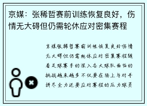 京媒：张稀哲赛前训练恢复良好，伤情无大碍但仍需轮休应对密集赛程